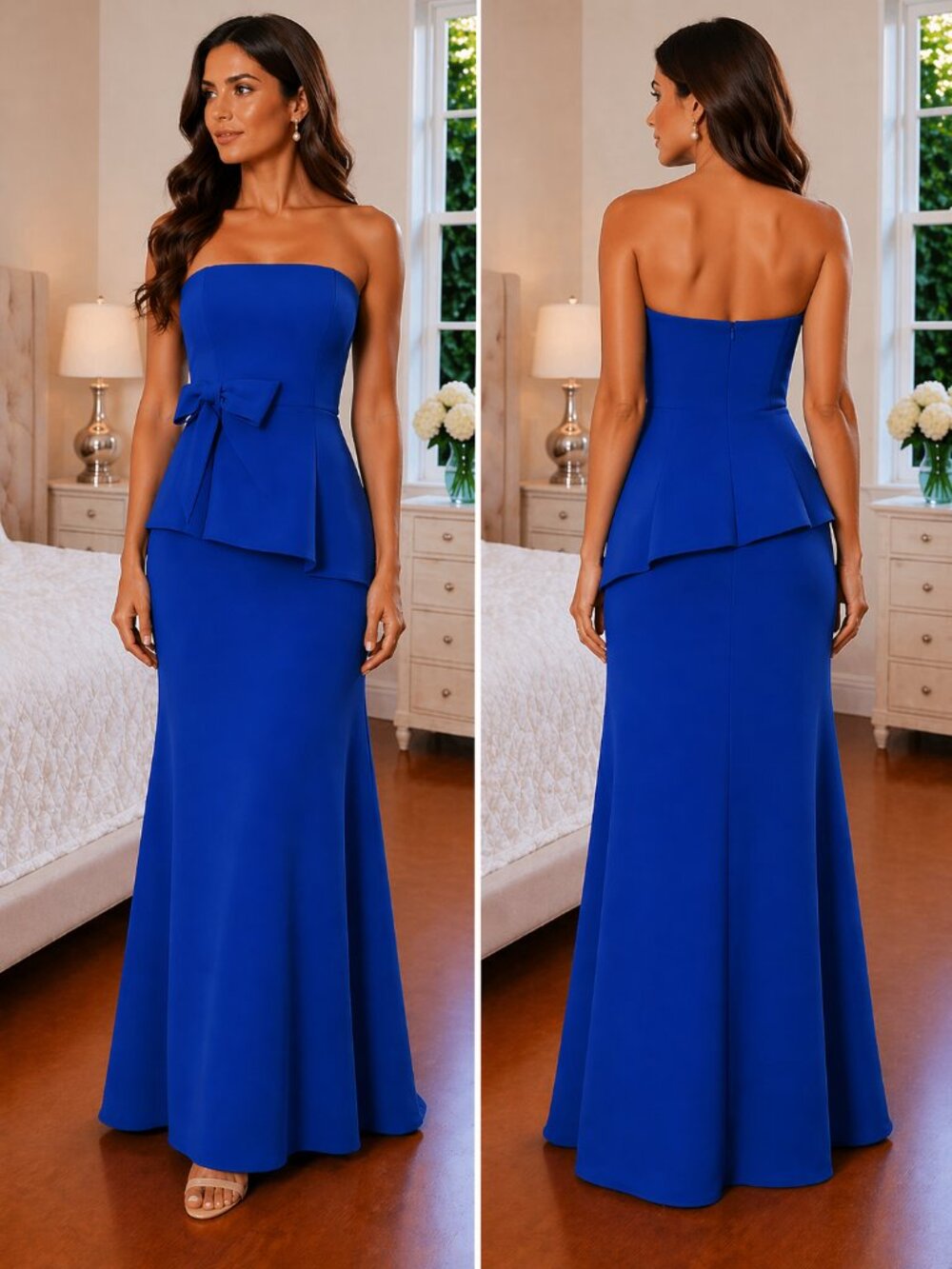 NWT Eliza J Blue Bow Peplum Strapless Gown $198
